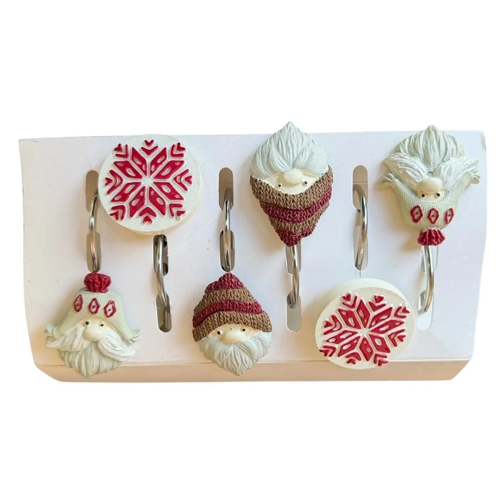 Christmas Shower Curtain Hooks Set of 12 Santa Gnome Snowflake Rustic Holiday